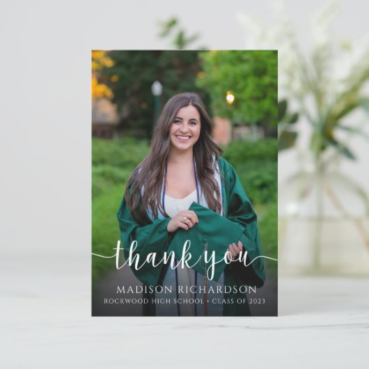 Élégant script photo Carte de remerciements de gra (Debout devant)