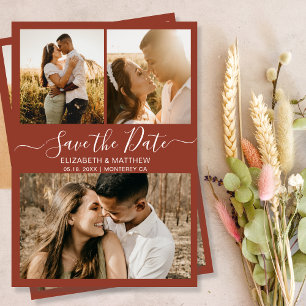 Elegant Script Photo Collage Terracotta Wedding Save The Date