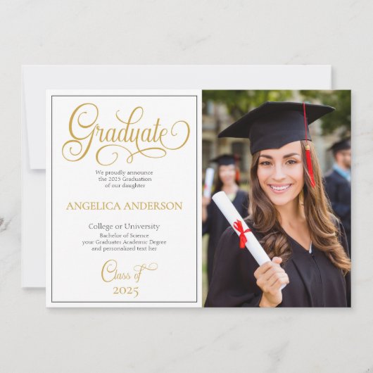 Elegant Script Photo College University Afstuderen Aankondiging (Voorkant)