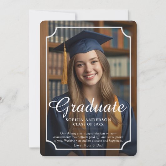 Élégant script photo de graduation Faire-part noir (Dos)