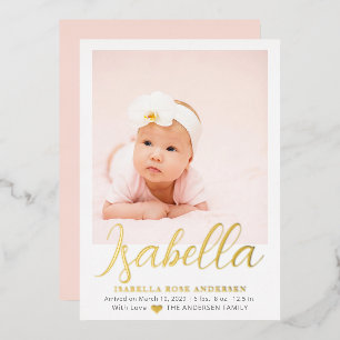 Elegant Script Photo Girl Baby Birth Announement Folie Uitnodiging