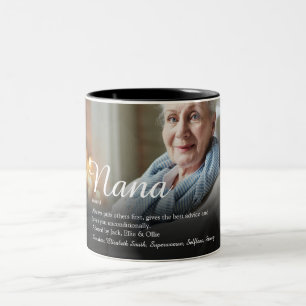Elegant Script Photo Grandma Nana Definition Tweekleurige Koffiemok