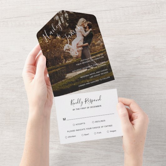 Elegant Script Photo Modern Wedding All In One Uitnodiging (Afscheurbaar)