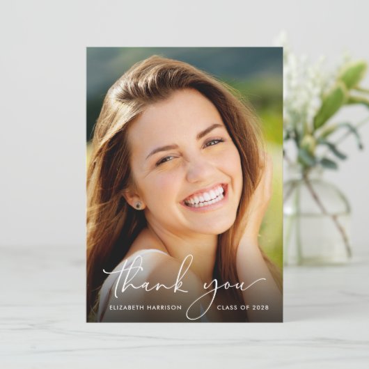 Elegant Script Photo Overlay Afstuderen Bedankkaart (Staand voorkant)