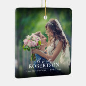 Elegant Script Photo Pas getrouwd Christmas Keramisch Ornament (Rechts)