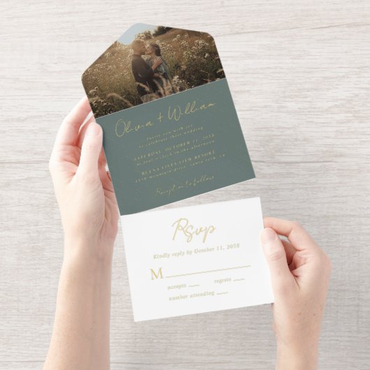 Elegant Script Photo Sage Green Wedding All In One Uitnodiging (Uittrekbaar)