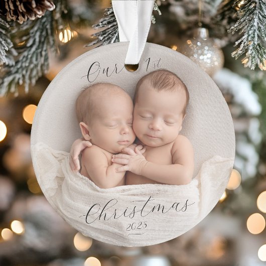 Elegant Script Photo Twin Babies First Christmas
