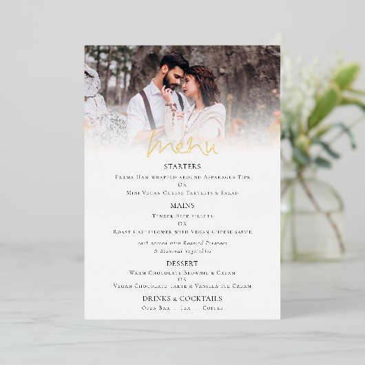 Elegant Script Photo Wedding Real Folie Menu Kaart (Staand Voorkant)