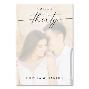 Elegant Script Photo Wedding Table Number 30 Kaart