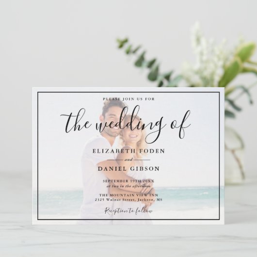 Elegant Script Photo White and Black Wedding Kaart (Staand voorkant)