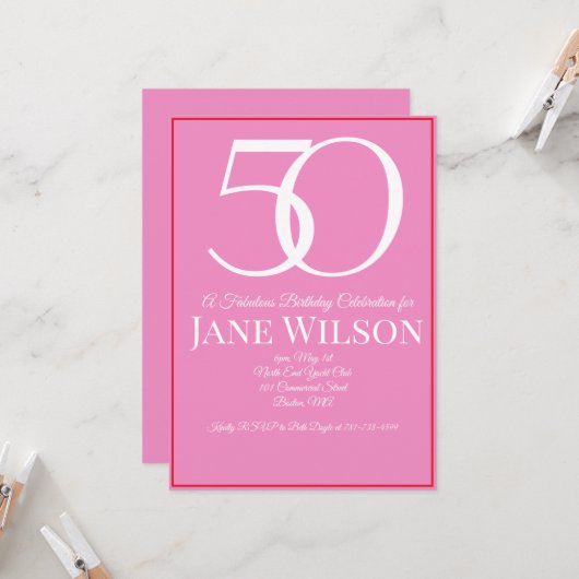 Elegant Script Pink 50th Birthday Party Kaart (Voorkant / Achterkant in situ)