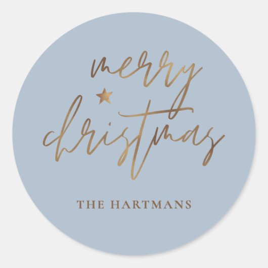 Elegant Script Prettig Kerstfeest Goud Ster Blauw Ronde Sticker (Voorkant)