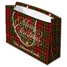 Elegant Script Prettig Kerstmis Familie Naam Plaid