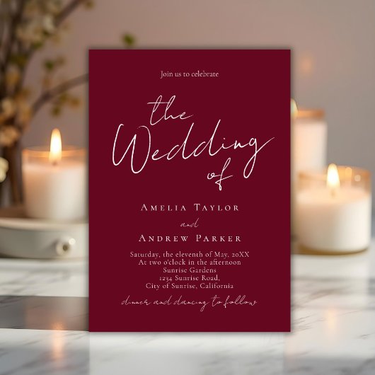 Elegant Script QR Code Burgundy White Wedding Kaart