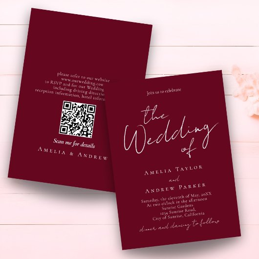 Elegant Script QR Code Burgundy White Wedding Kaart