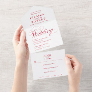 Elegant Script Red en White Calligraphy Wedding All In One Uitnodiging