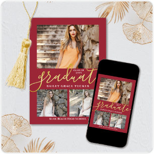 Elegant Script Red Gold 3-foto Collage Afstuderen Aankondiging