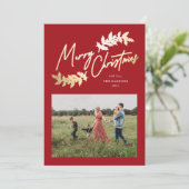 Elegant Script Red Gold Branches 2 FotoKerstmis Feestdagenkaart (Staand voorkant)