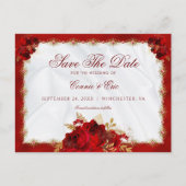 Elegant Script Red Gold Floral slaat de datum op Aankondigingskaart (Voorkant)