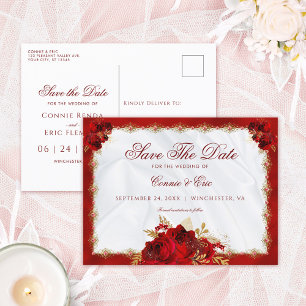 Elegant Script Red Gold Floral slaat de datum op Aankondigingskaart