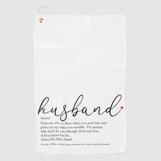 Elegant Script Red Love Heart Husband Definition Golfhanddoek (Voorkant)