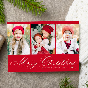 Elegant Script Red Merry Kerstry 3 Foto Feestdagenkaart