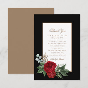 Elegant Script Red Peonies Black & Gold Bedankkaart