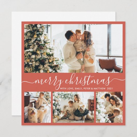 Élégant Script Red Photo Collage Carte de Noël (Devant / Derrière)