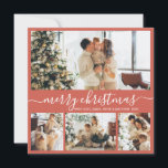 Élégant Script Red Photo Collage Carte de Noël<br><div class="desc">Élégante Calligraphie Minimaliste 4 Photo Collage Joyeux Script de Noël Carte de vacances. Ce modèle festif, minimaliste, fantaisiste de quatre (4) photo de carte de vacances présente un joli collage photo et dit "Joyeux Noël" sur saumon clair terre cuite ou arrière - plan rouge pastel. Le texte de salutation "Joyeux...</div>