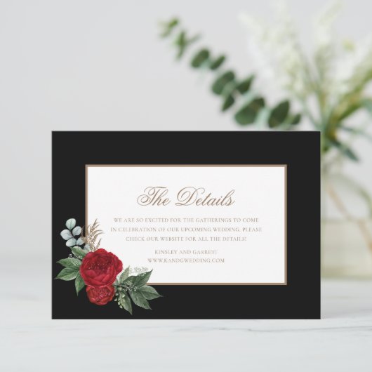 Elegant Script Red Pioenrozen Zwart & Goud Details Informatiekaartje (Staand voorkant)
