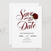 Elegant Script Red Rose bruiloft Save The Date (Voorkant / Achterkant)