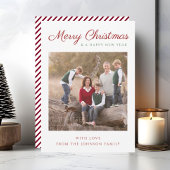 Elegant Script Red Stripes kerstfoto Feestdagenkaart