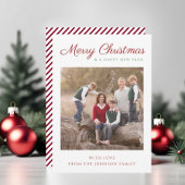 Elegant Script Red Stripes kerstfoto Feestdagenkaart