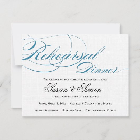 Elegant Script Rehearsal Dinner Invitation Blue Kaart (Voorkant)