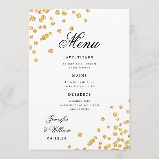 Elegant script Romantische bruiloft Confetti Gold Menu (Voorkant)