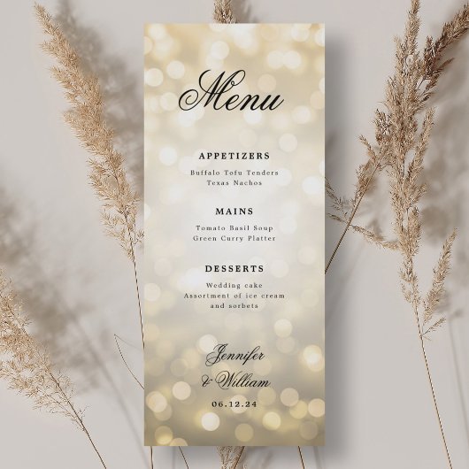 Elegant script Romantische bruiloft gouden bokeh l Menu