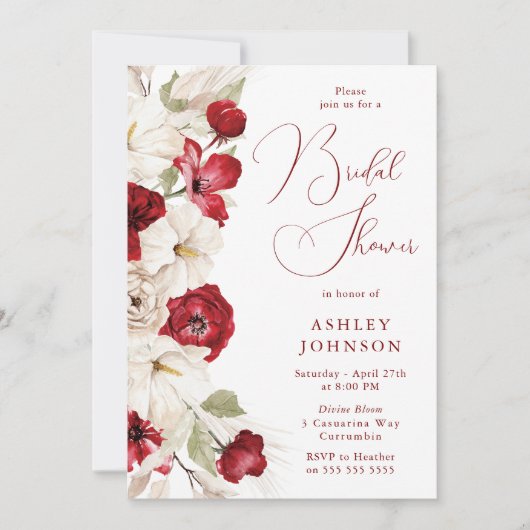 Elegant Script Rood & Wit Bloemen Vrijgezellenfees Kaart (Voorkant)