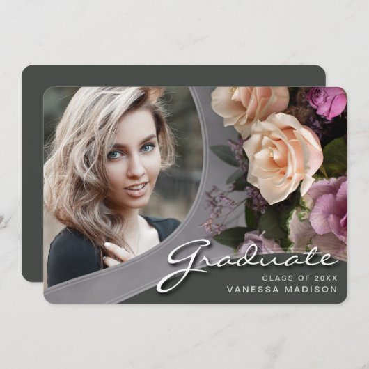 Elegant Script Roos Flowers | Modern Afstudeerder  Aankondiging (Voorkant / Achterkant)