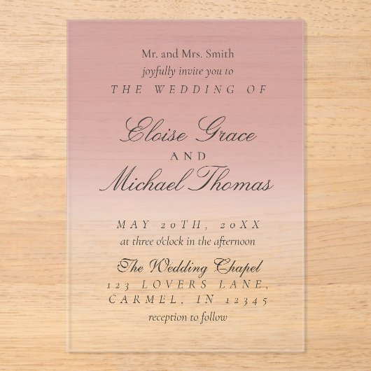 Elegant Script Roos Roze Gradient Wedding Acryl Uitnodigingen (Voorkant)