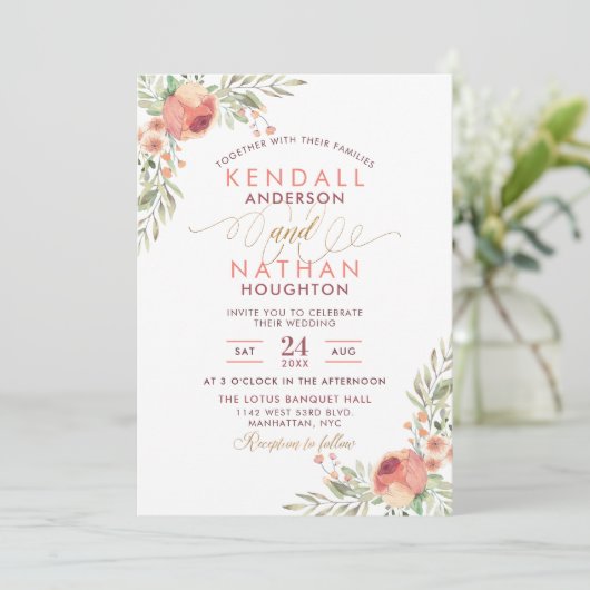 Elegant Script Roos Waterverf Bloemenbruiloft Kaart (Staand voorkant)