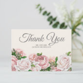 Élégant Script Rose Roses Crème Mariage Merci (Debout devant)