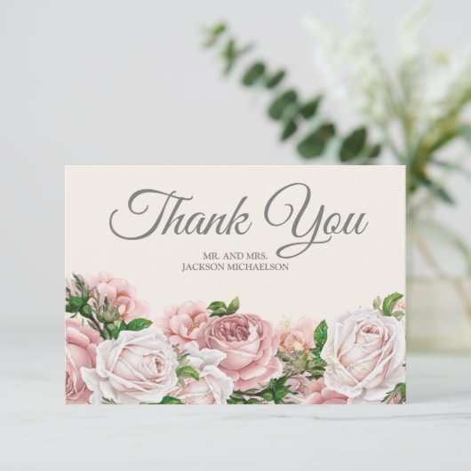 Élégant Script Rose Roses Crème Mariage Merci (Debout devant)