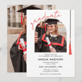 Élégant Script Rouge Photo Graduation Invitation (Devant / Derrière)