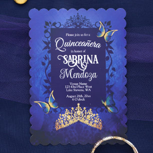 Elegant Script, Royal Blue Quinceanera, Gouden Tia Kaart