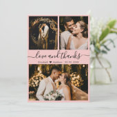 Elegant Script Roze 3 Foto Collage Weddenschap Bedankkaart (Staand voorkant)