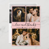 Elegant Script Roze 3 Foto Collage Weddenschap Bedankkaart (Voorkant / Achterkant)