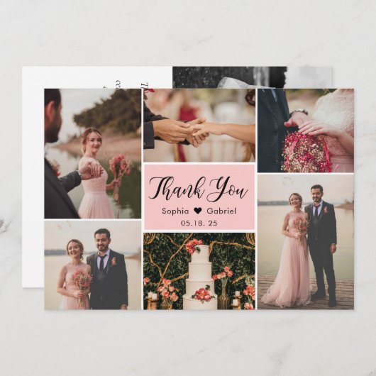 Elegant Script Roze bruiloft Multi Photo Collage T Bedankkaart (Voorkant / Achterkant)