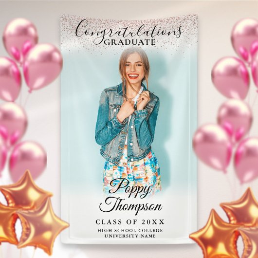 Elegant Script Roze Glitter Photo Afstuderen Spandoek