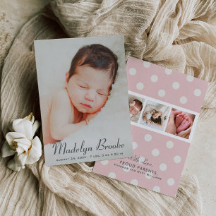 Elegant Script Roze Meisje Multi Foto Geboortekaar Aankondiging