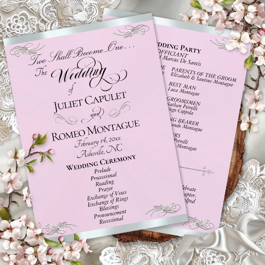 Elegant Script - Roze Parel/Zilveren Bruiloft Programma